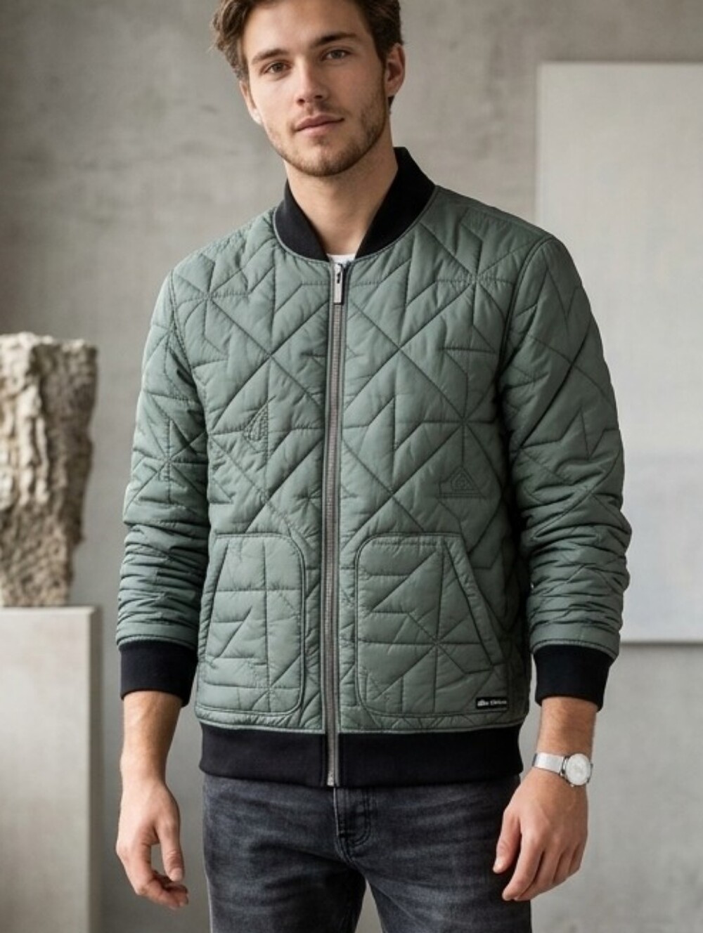 Quicksilver Men's Quilted Bomber Jacket in Sage Green
